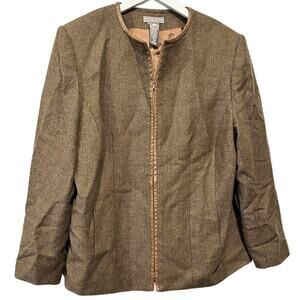 Kate Hill Size 16 W Brown Wool Leather Blend Herringbone Jacket Office Work
